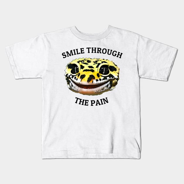 Leopard Gecko Smile Through the Pain Funny Pet Lizard Lover Kids T-Shirt by DrystalDesigns